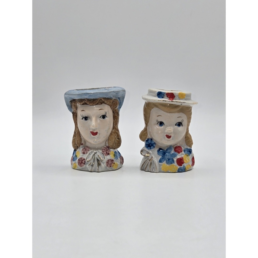Vintage Japan Lady Head Vase Planters Pair Ceramic Floral Hat Girl 3"